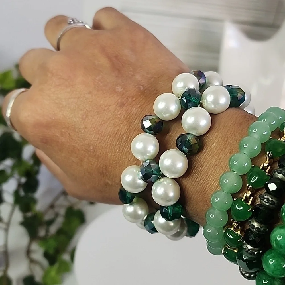 Handcrafted Glass Pearl with Green AB Crystal Beads